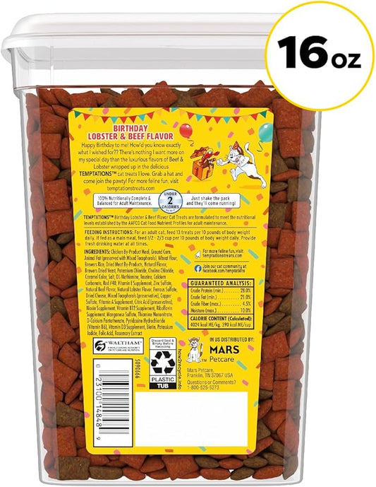 Temptations Birthday Cat Treats, Crunchy and Soft Cat Treats, Lobster & Beef Flavor, 16 oz. Tub