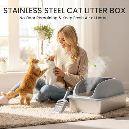 Simple Deluxe XL Stainless Steel Litter Box with Lid, Extra Large Cat Litter Box for Big Cats, High-Sided Anti-Leakage Metal Litter Tray, Non-Stick Bottom, Easy to Clean, Light Gray