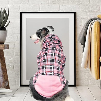 EXPAWLORER Plaid Dog Hoodie - British Style Warm Dog Sweater Shirt with Leash Hole,Pitbull Clothes Outfits,Winter Coat Apparel for All Breeds Puppy Girl Boy-Cat Apparel,Pink X-Large