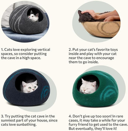 MEOWFIA Cat Cave – Premium Felt Cat Bed for Indoor Cats, Handmade Merino Wool (Black Aqua, Large)
