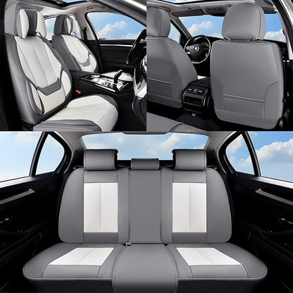 Coverado Seat Covers Full Set, 5 Seats Seat Covers for Cars, Waterproof Nappa Leather Car Seat Covers with Head Pillow, Seat Protectors Car Seat Cushion Universal Fit for Most Cars (Gray&White)
