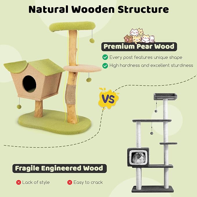 PETSITE 43 Inches Cat Tree for Indoor Cats, Wooden Multi-Level Cat Tower with Scratching Post, Top Perch, Cat Condo, Jingling Balls, Modern Cat Tree Tower for Large Cats