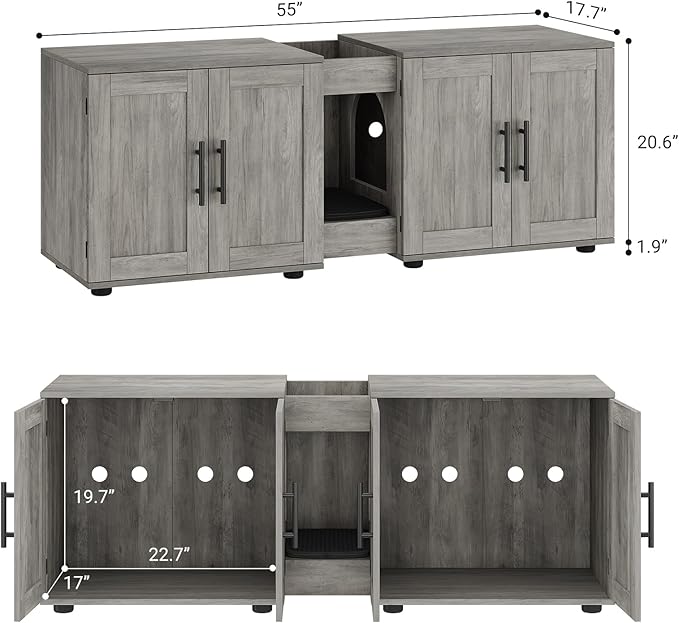 GAOMON Litter Box Enclosure with Double Cage, Cat House,Hidden Litter Box Enclosure Furniture for 2 Cats, Wooden Enclosed Cat Litter Box Furniture,55”L x 17.7”W x 22.5”H, Grey