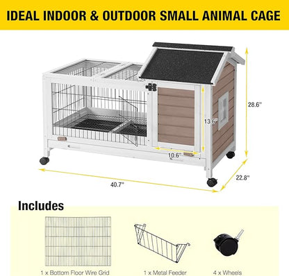 Aivituvin Rabbit Hutch Indoor Bunny Cage Outdoor Bunny House with Wire Floor Leakproof Plastic Tray, Brown