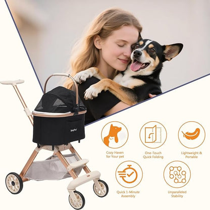 SUNNYFEEL Pet Stroller for Small Dogs and Cats, Aluminum Two-in-one Split, One-Click Foldable Dog Stroller, Holds up to 40 lbs, Storage Basket & Side Bag, Breathable Mesh, Black