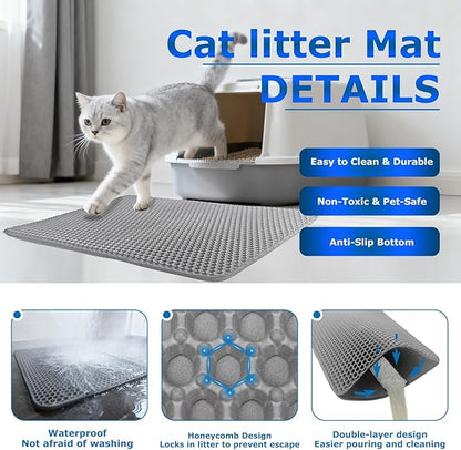 Cat Litter Box Mat Double Layer Trapping Mat Easy-Clean Waterproof Urine Proof(Gray 35x24in)