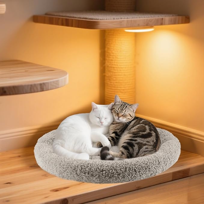NAMSAN Round Cat Beds for Indoor Cats, 19.5 x 19.5 x 2 inch, Self Warm Pet Bed Pad with Pillow Around, Plush Cushion for Small Medium Dogs Large Cats, Antiskid Bottom, Grey