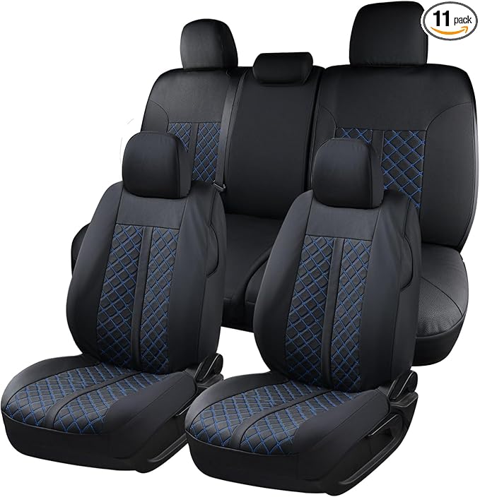 Truckiipa Seat Covers for Tacoma Full Set Leather Truck Seat Covers Waterproof Car Seat Cover Cushion Custom Fit for 2005-2015 Toyota Tacoma Double Crew Cab, Full Set, Black&Blue