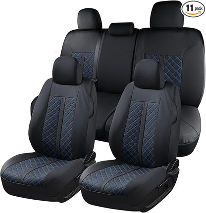 Truckiipa Seat Covers for Tacoma Full Set Leather Truck Seat Covers Waterproof Car Seat Cover Cushion Custom Fit for 2005-2015 Toyota Tacoma Double Crew Cab, Full Set, Black&Blue