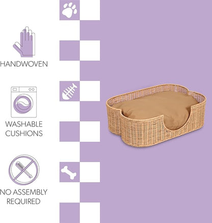 DBD1002B Scallop Handwoven Water Hyacinth Pet Bed with Machine Washable Cushion, 27" x 18.25" Wicker Cat and Dog Bed for Small to Medium Pets, Boho Tropical Style Basket, Light Brown