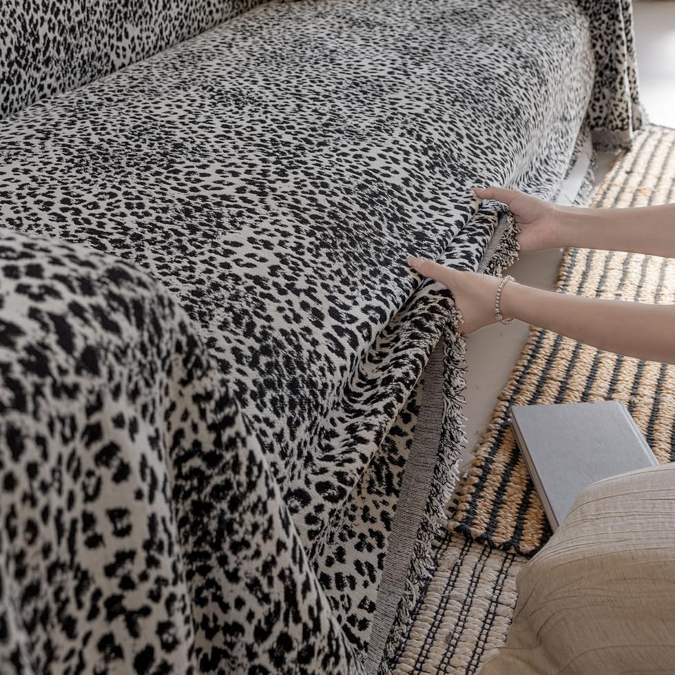 AMWAN Luxury Leopard Print Cover Black Durable Sofa Cover for Dogs,Cats,Kids Jacquard Chenille Sofa Slipcover for Sectional,L Shaped Sofa Pets Protector Furniture Cover, 1 Piece,71x134