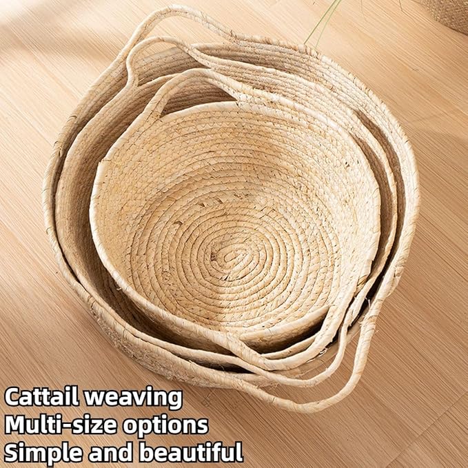 Rattan Cat Litter Pet Bed for Home Pet Supply Pet Sleeping Cat Beds Rattan Cat Dog Kitten Bed Basket Cooling Pet Nest Cat Supply Indoor Cat Cattail Grass to Weave (Corn Flakes,Large)