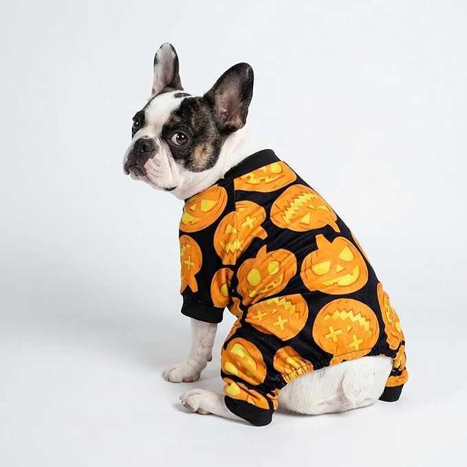 Fitwarm Halloween Pumpkin Dog Pajamas, Funny Dog Winter Clothes for Small Dogs Girl Boy, Pet Jumpsuit, Cat Halloween Costumes with Feet, Lightweight Velvet, Black, Orange, XXL