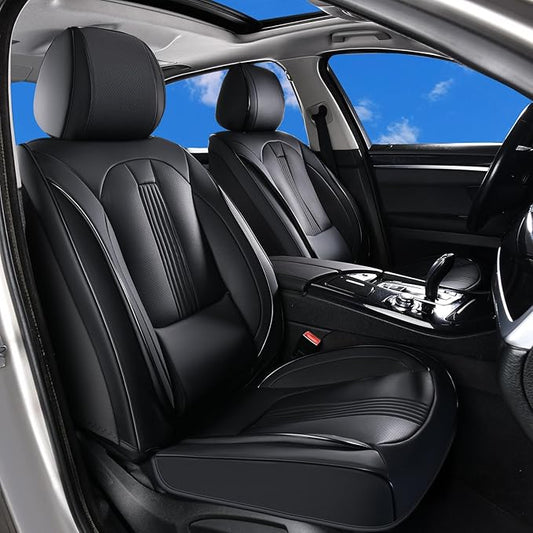 Huidasource Seat Covers, Car Seat Covers Nappa Leather with Lumbar Support, Side Elastic Fabric, Velcro Adjustable, Airbag, Ventilation Heating Child Seat Universal Fit for Most Cars SUV Trucks, Black
