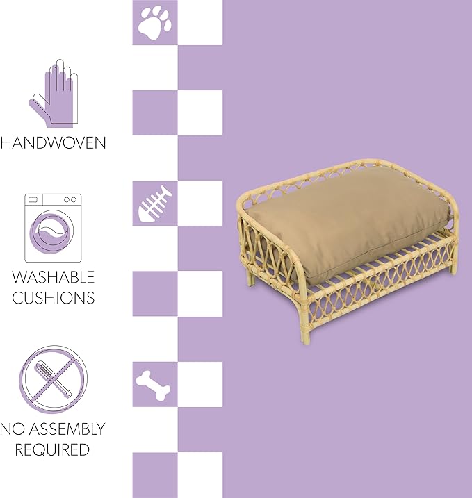DBD1005B Elevated Pet Daybed 27.5" x 17", Handwoven Rattan Dog & Cat Bed with Machine Washable Cushion, Wicker Rattan Sofa for Small to Medium Pets, Bohemian Style, Light Brown
