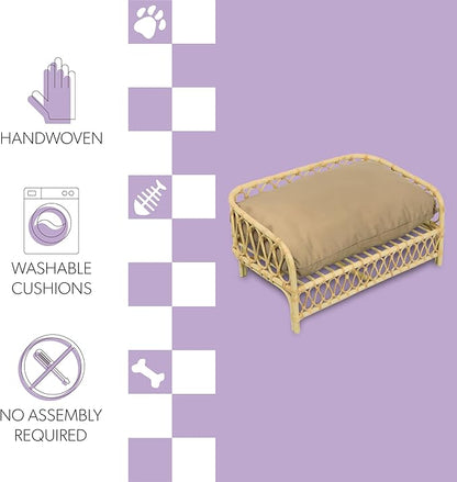 DBD1005B Elevated Pet Daybed 27.5" x 17", Handwoven Rattan Dog & Cat Bed with Machine Washable Cushion, Wicker Rattan Sofa for Small to Medium Pets, Bohemian Style, Light Brown