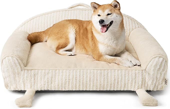 EHEYCIGA Washable Dog Beds for Large Dogs 36 Inch - Striped Cat Couch for Indoor Cats with Removable Cover, Shredded Memory Foam Waterproof Puppy Bed with Non - Slip Bottom, Cream