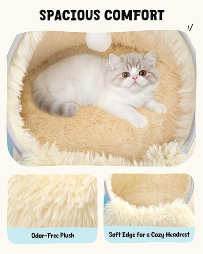 BurgeonNest 20-Inch Round Cat Bed Cave, Enclosed Hooded Pet House for Indoor Kittens, Anti-Collapse EVA Shell with Cord Access for Heating Pad, Washable Soft Plush, Beige