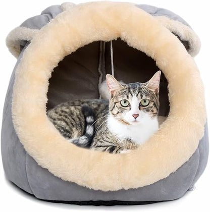 Cat Beds for Indoor Cats - Small Dog Bed with Anti-Slip Bottom, Rabbit-Shaped Cat/Small Dog Cave with Hanging Toy, Puppy Bed with Removable Cotton Pad, Super Soft Calming Pet Sofa Bed (Grey M)