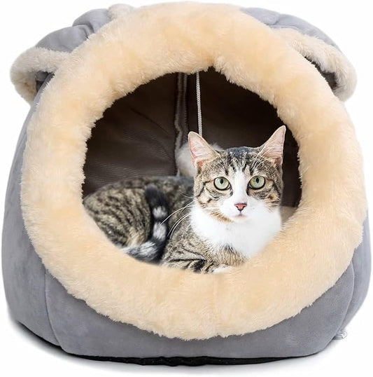 Cat Beds for Indoor Cats - Small Dog Bed with Anti-Slip Bottom, Rabbit-Shaped Cat/Small Dog Cave with Hanging Toy, Puppy Bed with Removable Cotton Pad, Super Soft Calming Pet Sofa Bed (Grey L)