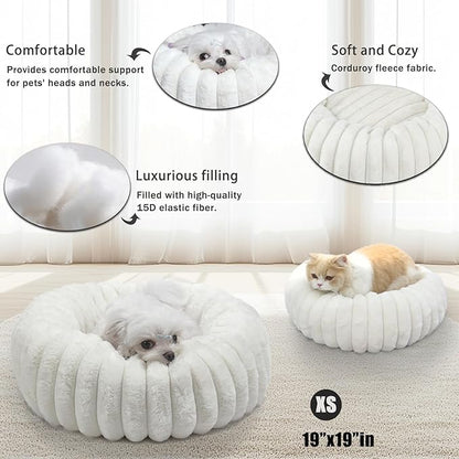 Small Cat Beds for Indoor Cats - Washable Round Kitten Bed, Cute Pumpkin Shape, Comfy Sleeping for Puppy, Small Dogs, Kitty - 19 Inch, Cream