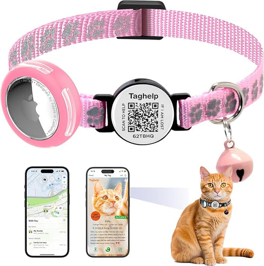 Waterproof Breakaway Cat Collar with Paw Prints - Secure Apple AirTag Holder, Smart QR Code Tag for Instant Location Alerts (No App), Adjustable GPS Tracker Collar for Cats (Pink)