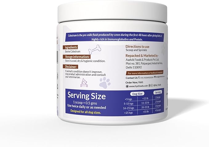 HYE Pets Bovine Colostrum for Dogs & Cats | from Grass-Fed Cows | Pure, Single Ingredient, No Preservatives | Immune Support | 120 Servings | 2.1 Oz