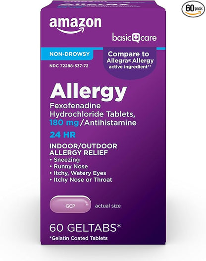 Amazon Basic Care All Day Indoor and Outdoor Allergy Relief, Fexofenadine Hydrochloride Geltabs, 180 mg, Antihistamine, Non-Drowsy, 24-Hour Relief for Sneezing, Runny Nose, Itchy Eyes, 60 Count