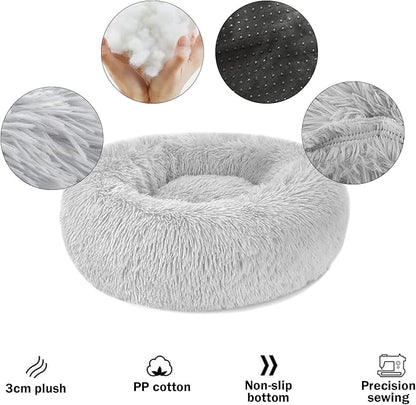 Calming Dog Cat Donut Bed - 23.6" Washable Fluffy Dog Beds, Round Cute Cat Beds for Indoor Cats, Anti Anxiety Plush Cuddler Dog Pillow, Pet Cushion for Small Medium Dogs, Waterproof Non-Slip Bottom