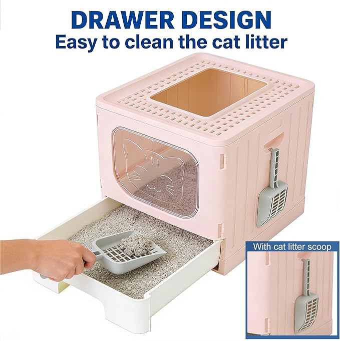 Cat Litter Box with Scoop, Large Foldable Litter Box with Lid & Drawer Tray, Top Entry Cat Litter Box, Odor Control, Easy to Clean for Small to Medium Cats (Pink, 19" L x 15.3" W x 15" H)