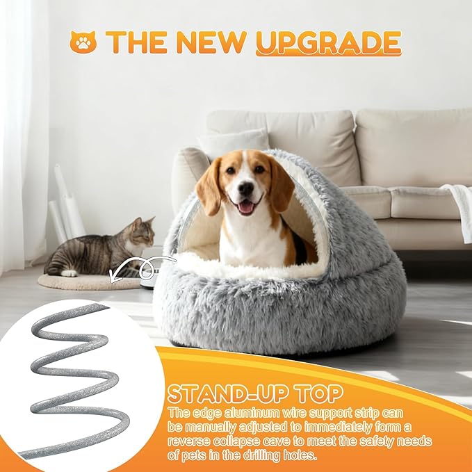 Calming Dog Bed Fluffy Plush Pet Bed Under 20 Pound，Large Cave Bed Washable Non-Slip Cat Nest Pod Windproof，Cozy Indoor Cave for Kitten Dog Non-Slip Bottom (M-25.6in)