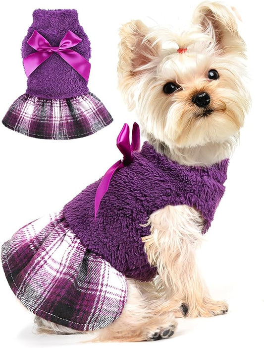 Yikeyo Fuzzy Dog Plaid Sweater Dress, Fall Winter Warm Female Dog Clothes for Small Dogs Girl, Pet Outfit, Cat Apparel (XSmall, Purple)