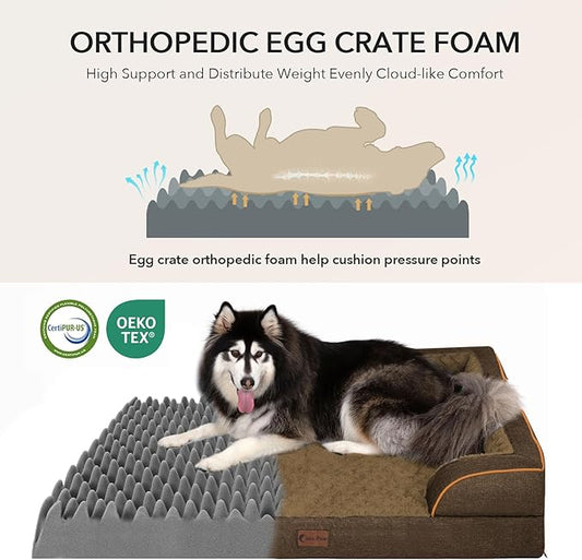 Orthopedic Dog Beds for Large Sized Dogs, Waterproof Memory Foam Large Pet Bed with Sides 35x22Inch, Non-Slip and Egg-Crate Foam Big Dog Couch Bed with Removable Washable Cover, Brown