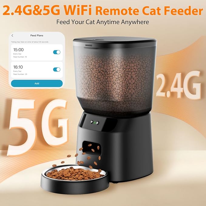 Automatic Cat Feeder WiFi, 5L Pet Feeder with App Control, 10 Meals Daily, 20 Portion Sizes, Timed Automatic Cat Food Dispenser, Stainless Steel Bowl, Dual Power Supply, Dry Food Feeder for Cats