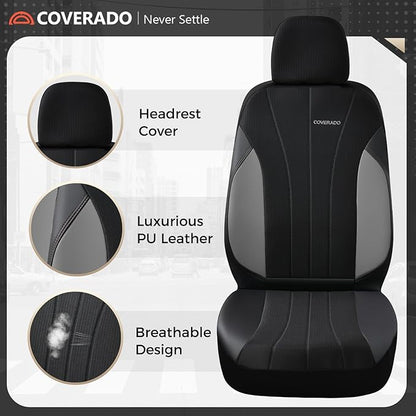 Coverado Seat Covers for Car 2 Seats, Leather Car Seat Covers Fullset, Breathable Mesh Front and Rear Protectors, Grey Luxury Automotive Covers, Universal Fit for SUV, Truck, Sedan