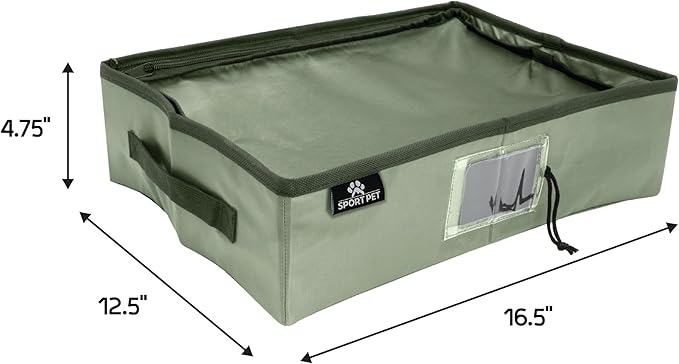 SportPet Designs Portable Travel Litter Box for Cats, Large Collapsible Litter Box with Zippered Lid, Water-Resistant & Leak-Resistant Cat Litter Tray for Travel, Green