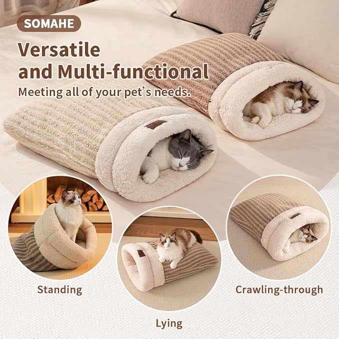 Cat Sleeping Bag for Indoor Cats, Self Warming Cat Bed Cave Fits up to 15 lbs Pets, Pet Sleeping Bed with Plush Portable Snuggle Sack/Hideway 17''×21''Coffee