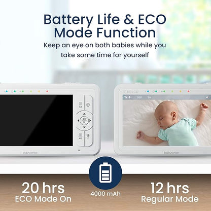 Babysense 5" HD Split-Screen Baby Monitor, Video Baby Monitor with 2 Cameras and Audio, Night Light, 1000ft Range, Two-Way Audio, 4X Zoom, Night Vision, 4000mAh Battery