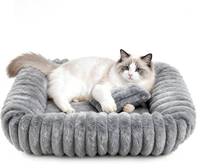 Cat Beds for Indoor Cats, Square Self Warming Cat Bed Orthopedic Pet Bed with Pillow Super Soft Rabbit Fur Small Dog Beds, Calming Plush Kitten Bed with Removable Washable Cover & Anti-Slip Bottom