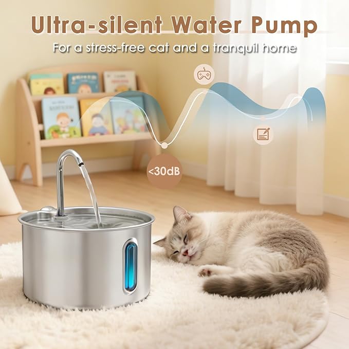 Stainless Steel Cat Water Fountain, 135oz/4L Automatic Pet Water Dispenser with 3 Replacement Filters & 2 Replacement Water Outlets, Quiet Indoor Drinking Fountain for Cats Dogs, Water Level Window