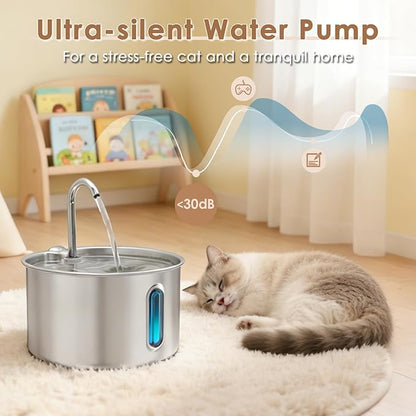 Stainless Steel Cat Water Fountain, 135oz/4L Automatic Pet Water Dispenser with 3 Replacement Filters & 2 Replacement Water Outlets, Quiet Indoor Drinking Fountain for Cats Dogs, Water Level Window