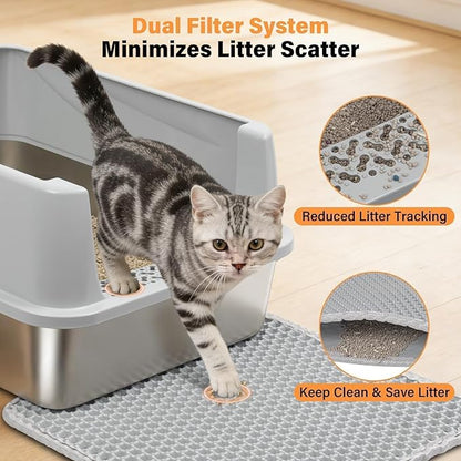 Stainless Steel Cat Litter Box, Metal Litter Box with High Sides Lid for Kittens, Medium Cat, Include Scoop and Mat, Non-Sticky, Anti-Leakage, Easy to Clean, M