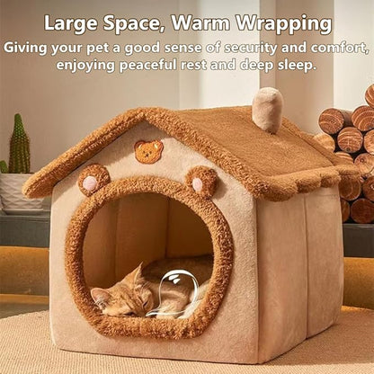 Cat Bed for Indoor Cats,Cozy Cat Cave Bed Cat House Cat Tent with Removable Cushion Pillow,Soft Warm Pet House Puppy Bed,Cute Bear Pet Nest for Cat Kitten Small Dogs (Brown, L-20.5x16.9x19.7 Inches)
