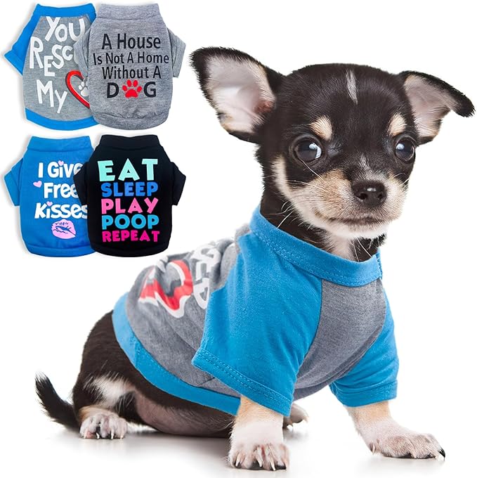 4 Pieces Dog Clothes for Small Dogs Boy Chihuahua Clothes Summer Pet Shirt Cute Puppy Shirts Outfits Dog T-Shirt (Small)
