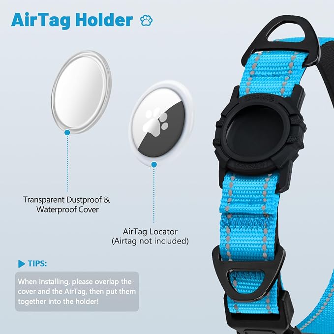 Taglory AirTag Dog Collar with Waterproof Holder for Medium Dogs, SkyBlue M | Reflective for Night Walks & Low-Light Safety, Track Your Pup Peace of Mind, Adjustable Soft Padded, No More Dangling Tags