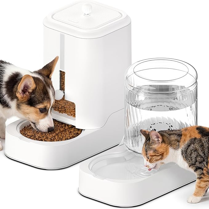 JUNSPOW Automatic Cat Feeder Dog Water Bowl Dispenser Set, Adjustable Food Dispensing & Keep Food Dry, Auto Pet Feeder and Waterer for Cats and Dogs
