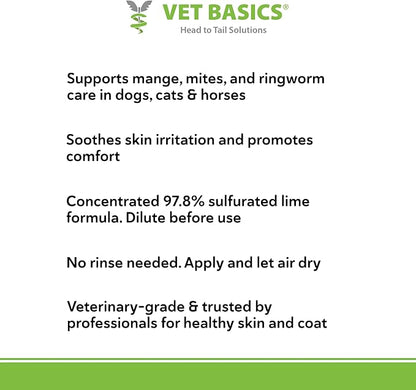 Vet Basics Lime Sulfur Dip – Skin Itch Relief Concentrated Antimicrobial & Antiparasitic Solution for Dogs, Cats, Puppies, Kittens & Horses, Helps Manage Ringworm, Mange, Skin Irritation, 16oz