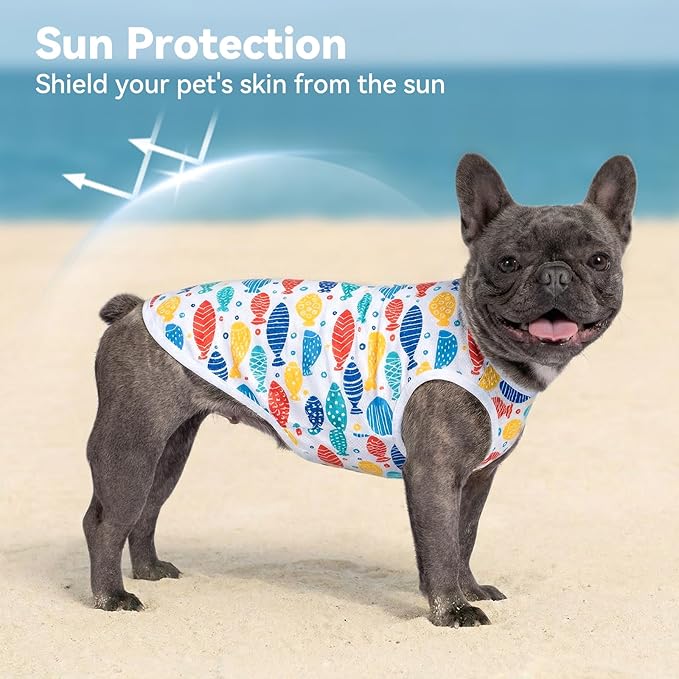 cyeollo 2pack Dog Cooling Shirt, Breathable Sleeveless Summer Clothes for Dogs, Intant Cool T Shirts for Small Dogs, Blue Fish L