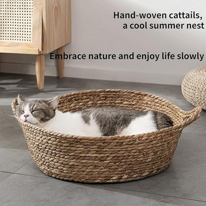 Cat Bed, Straw Woven Cat Baskets Bed, Round Wicker Cat Basket Nest, Non-Slip Cozy Kitten Bed for Cats Small Dog (Only Nest,Small)