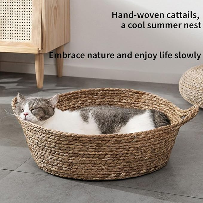 Cat Bed, Straw Woven Cat Baskets Bed, Round Wicker Cat Basket Nest, Non-Slip Cozy Kitten Bed for Cats Small Dog (with Cushion,Medium)